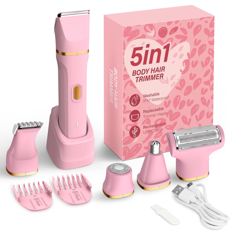 KINGTEE 5-in-1 Electric Bikini Trimmer for Women IPX7 Waterproof Shaver, Cordless Body & Facial Razors for Women, Ceramic Blades, USB-C Rechargeable, Painless Hair Removal Kit (Pink)
