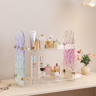 2-Tier Acrylic Display Shelf, Crystal Clear Cosmetic Organizer for Perfume & Skincare, 12.6x8.7x11.8 Inch Bathroom & Vanity Storage