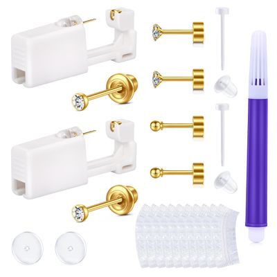 AVYRING Gold Ear Piercing Kit 2mm, 2mm Ear Piercing Gun, Disposable Ear Piercing Kit with Piercing Earrings Studs Surgical Steel Painless Self Piercing 20g Flat Back Earring Ball Zircon