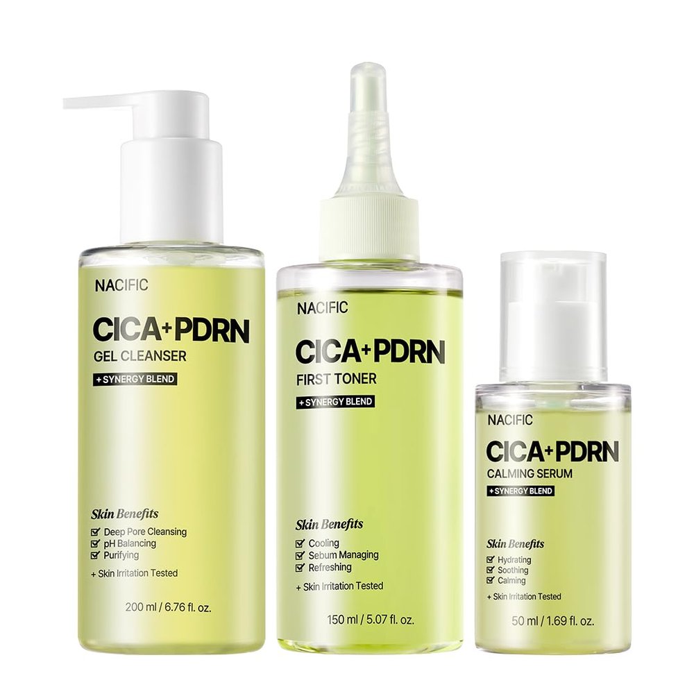 NACIFIC Cica PDRN Essential Skincare Set - Gel Cleanser, Toner, Calming Serum