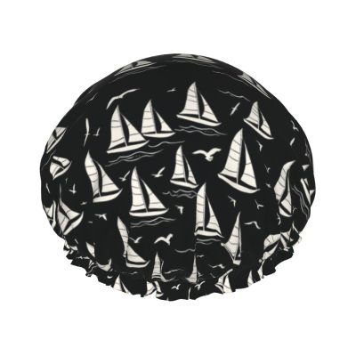 White Sailboat and Seagull Shower Cap for Women Reusable Washable Elastic Band Bath Hair Hat