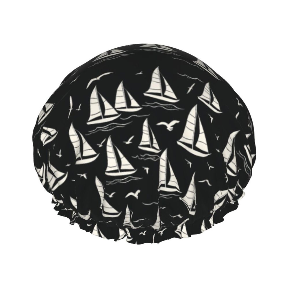 White Sailboat and Seagull Shower Cap for Women Reusable Washable Elastic Band Bath Hair Hat