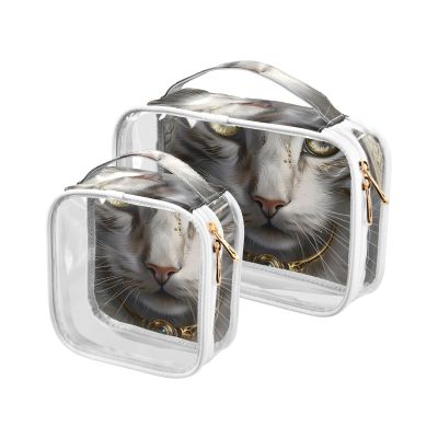 Bolaz 2 Pack Clear Cosmetic Bags with Handles-Exotic Ethnic Style Kitten, PVC Toiletry Bags Zipper Waterproof Portable Travel Storage Pouch