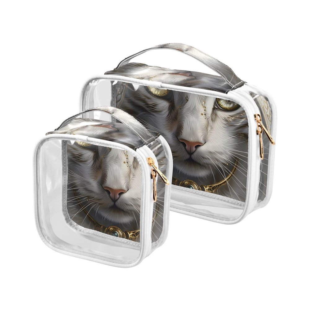 Bolaz 2 Pack Clear Cosmetic Bags with Handles-Exotic Ethnic Style Kitten, PVC Toiletry Bags Zipper Waterproof Portable Travel Storage Pouch