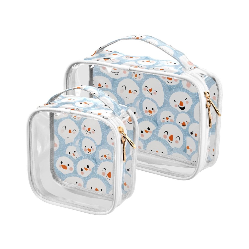 Bolaz 2 Pack Clear Cosmetic Bags with Handles-Snowman Face Pattern, PVC Toiletry Bags Zipper Waterproof Portable Travel Storage Pouch