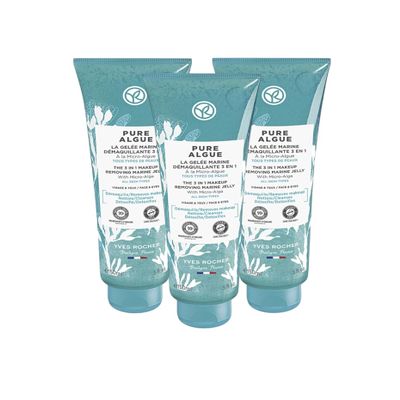 Yves Rocher 3 in 1 Makeup Removing Marine Jelly Pure Algue for Normal to Combination Skin, Cleansing Jelly Gel Oil  Set of 3 Refreshing Face Cleanser 150 ml./5 fl.Oz