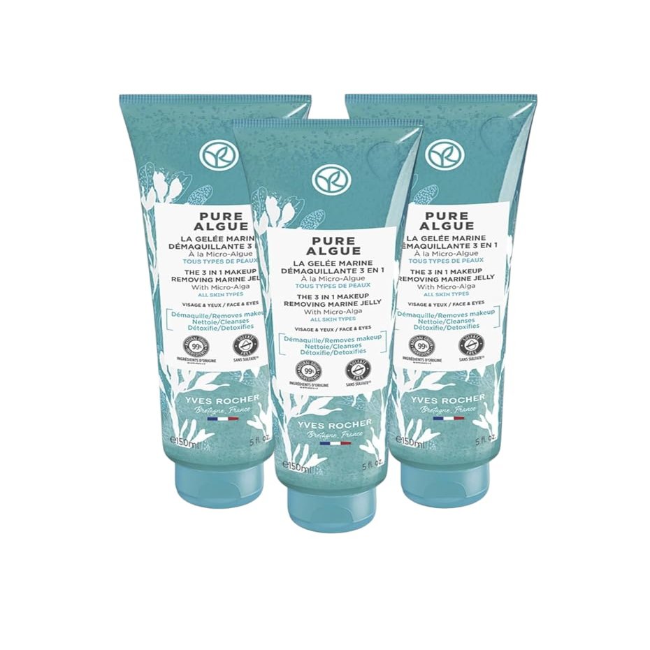 Yves Rocher 3 in 1 Makeup Removing Marine Jelly Pure Algue for Normal to Combination Skin, Cleansing Jelly Gel Oil  Set of 3 Refreshing Face Cleanser 150 ml./5 fl.Oz