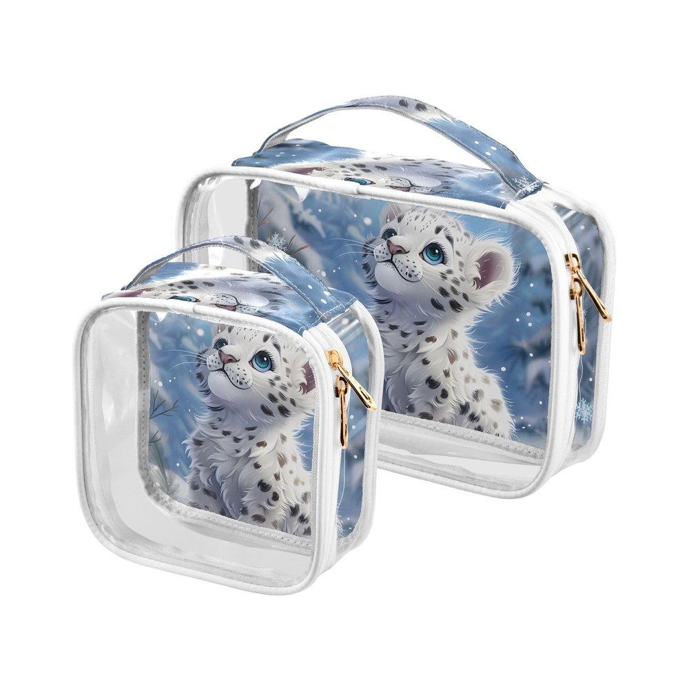 Bolaz 2 Pack Clear Cosmetic Bags with Handles-White Leopard Cub, PVC Toiletry Bags Zipper Waterproof Portable Travel Storage Pouch
