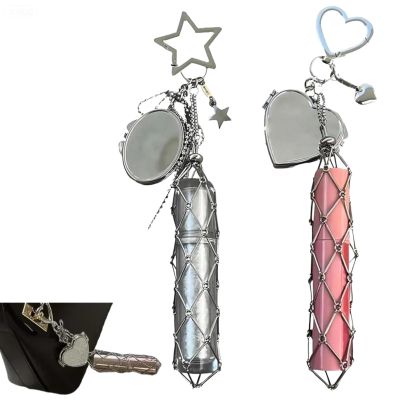 Lipstick Holder Stainless,Chic Lip Gloss Holder with Mirror,2in1 Lipstick Holders for Purse, Small Bling Crystal Lipsticks Storage Bag Key Chain (Heart+Stars)