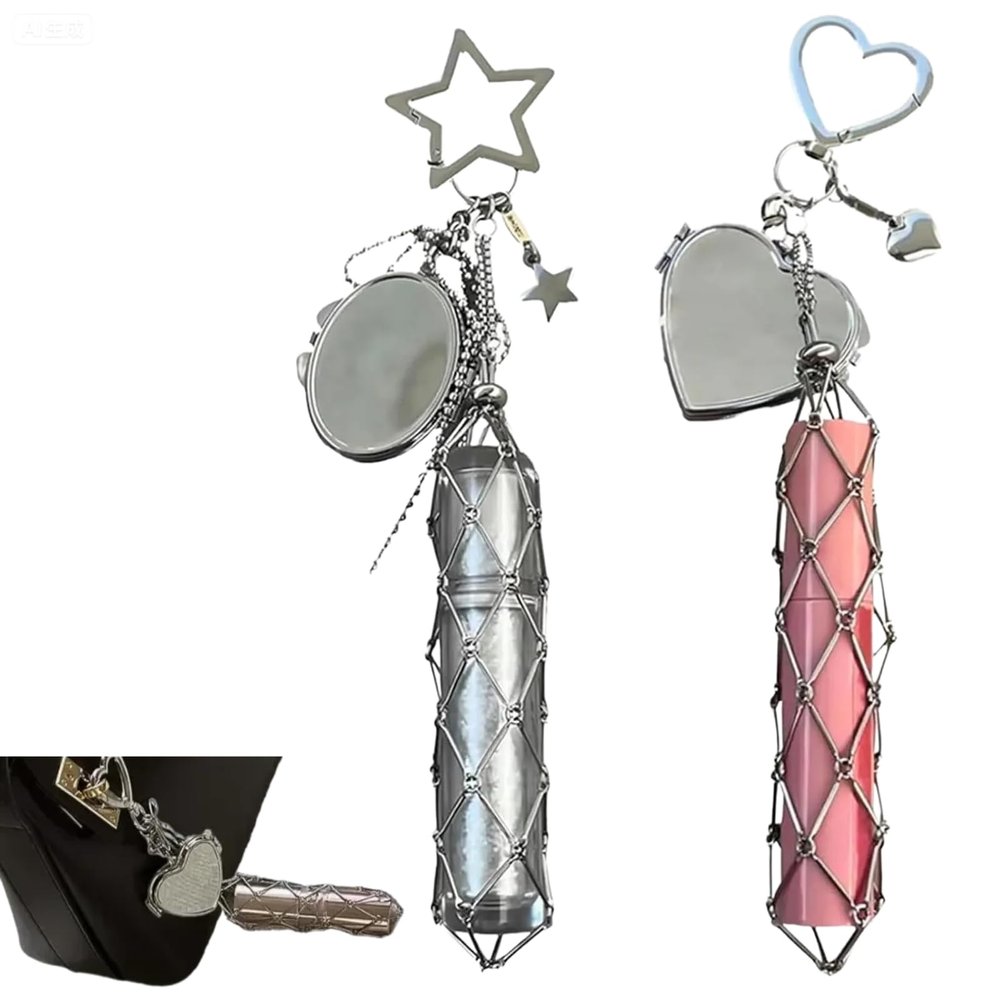 Lipstick Holder Stainless,Chic Lip Gloss Holder with Mirror,2in1 Lipstick Holders for Purse, Small Bling Crystal Lipsticks Storage Bag Key Chain (Heart+Stars)