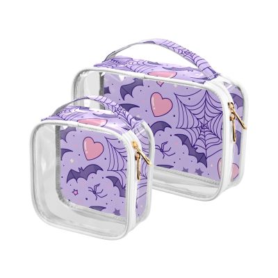 Bolaz 2 Pack Clear Cosmetic Bags with Handles-Purple Bat Spiderweb Heart Pattern, PVC Toiletry Bags Zipper Waterproof Portable Travel Storage Pouch