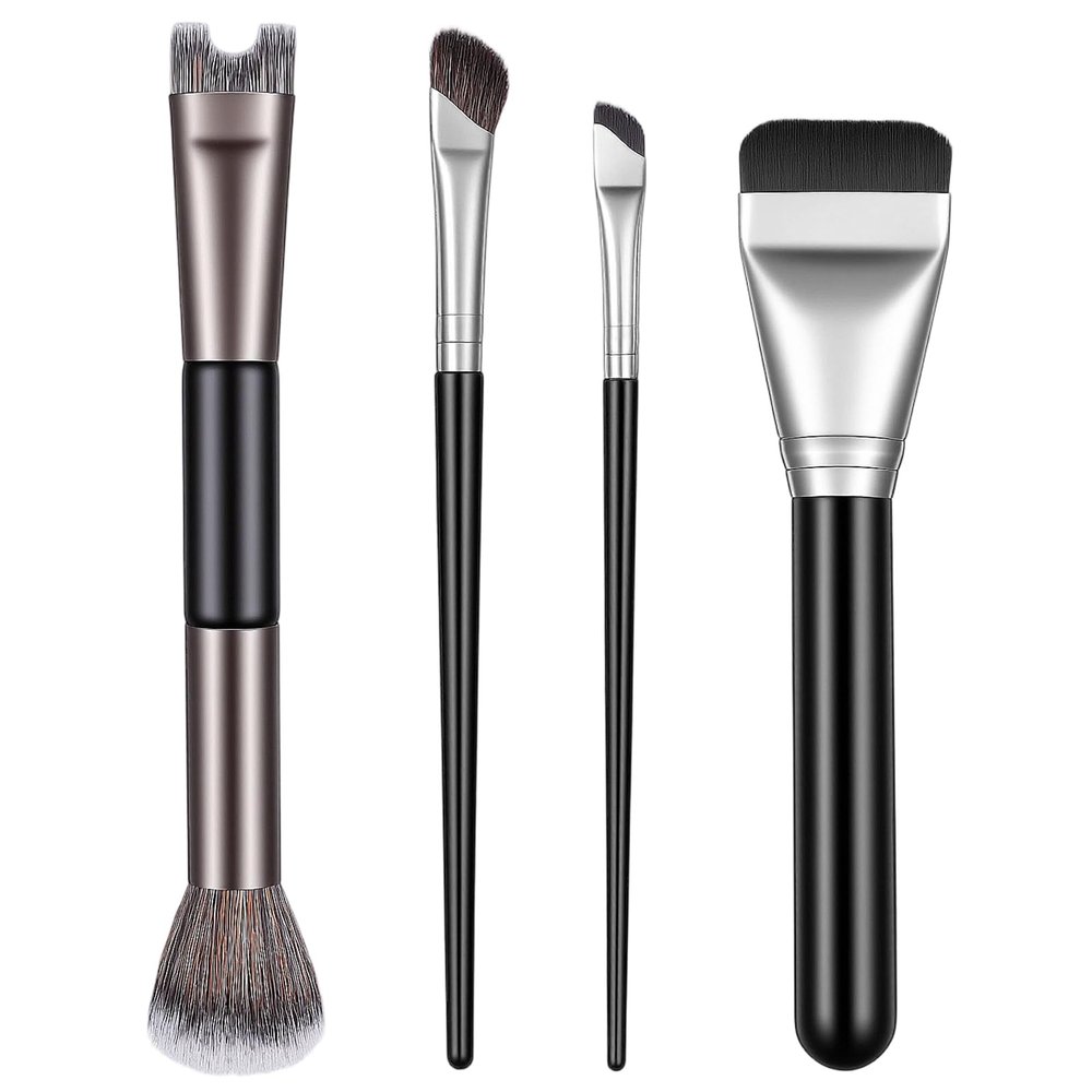 4pcs 2 in 1 Nose Contour Brushes U Shaped Fluffy Makeup Brush Flat Foundation Brush Angled Contouring Brushes Set for Defining Nose Shadow Face Sculpting Highlighting Women Makeup Beginners