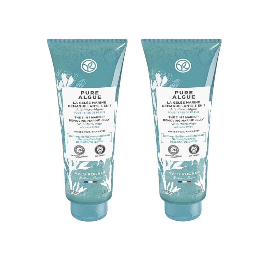 Yves Rocher 3 in 1 Makeup Removing Marine Jelly Pure Algue for Normal to Combination Skin, Cleansing Jelly Gel Oil Set of 2 Refreshing Face Cleanser 150 ml./5 fl.Oz