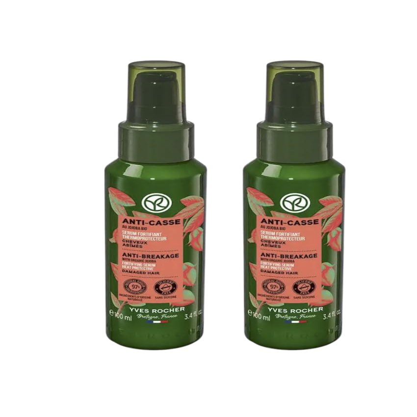 Yves Rocher Anti-Breakage Fortifying Serum with Organic Jojoba Oil Nourishes, Restores, and Protects Hair from Heat Damage up to 230C 100 ml./3.3 fl.oz. Set of 2