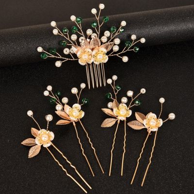 5 gold leaf hair clips, flower pearl hair forks, bridal hair clips, headwear, vintage wedding hair accessories suitable for women