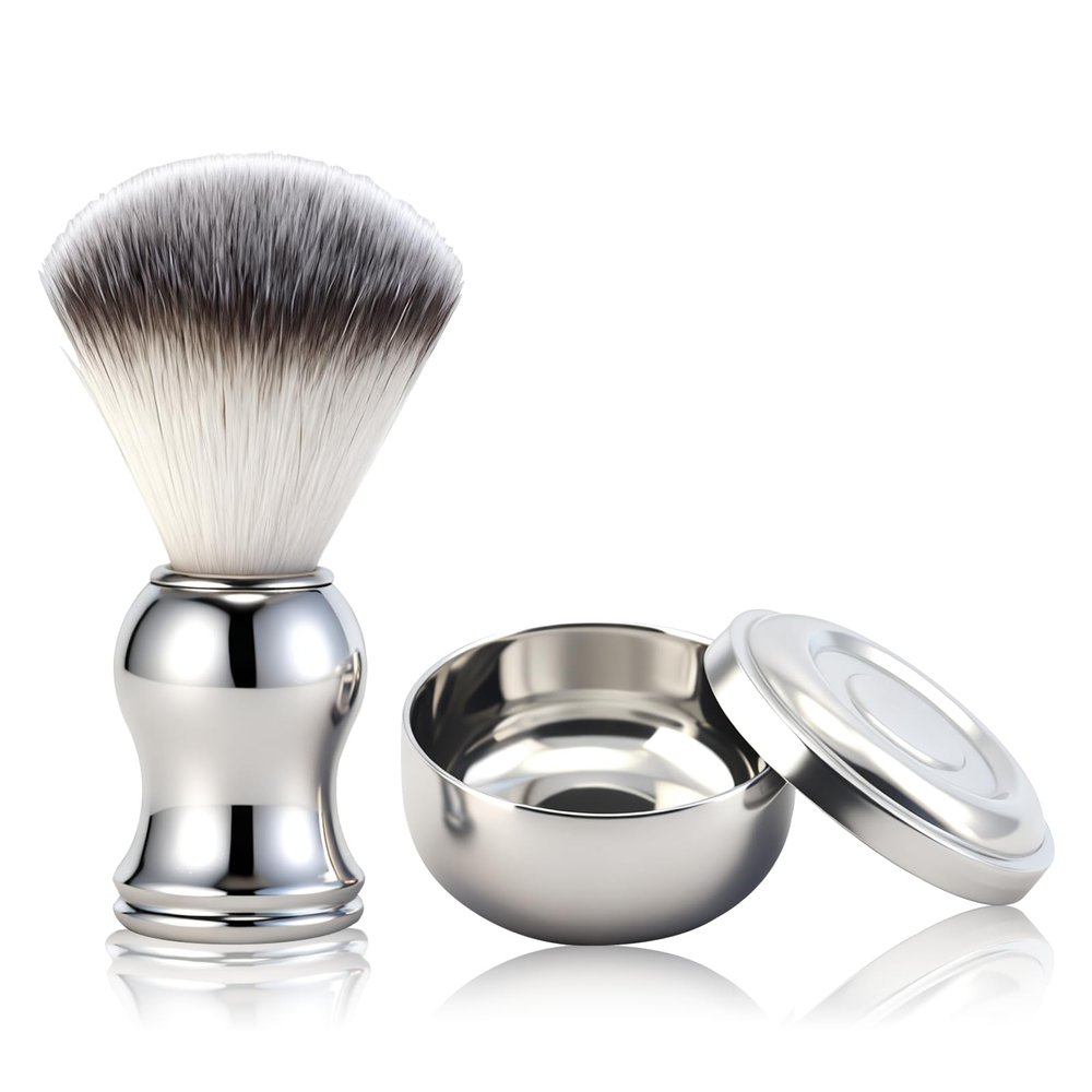 2Pcs Professional Shaving Brush and Bowl Kit for Men, Stainless Steel Shaving Bowl and Brush Set, Wide Mouth Soap Mug Bowl with Lid for Home Barber Shop