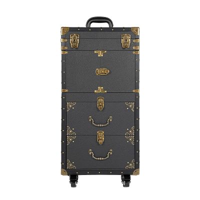 ALUIWNH Professional Rolling Makeup Train Case with Lock, Hairdressing Trolley Cart Cosmetology Case on Wheels for Salon Stylists, Cosmetic Organizer with Drawers and Hair Dryer Holder