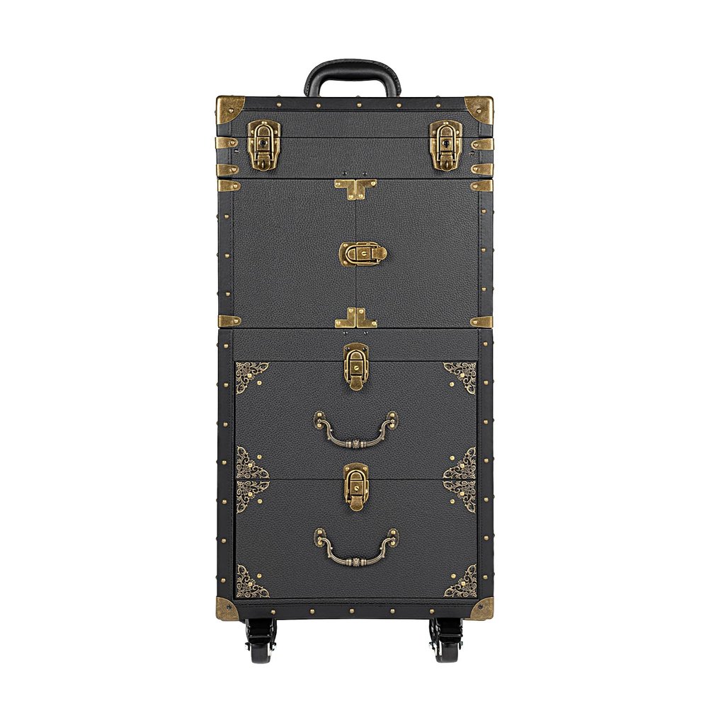 ALUIWNH Professional Rolling Makeup Train Case with Lock, Hairdressing Trolley Cart Cosmetology Case on Wheels for Salon Stylists, Cosmetic Organizer with Drawers and Hair Dryer Holder
