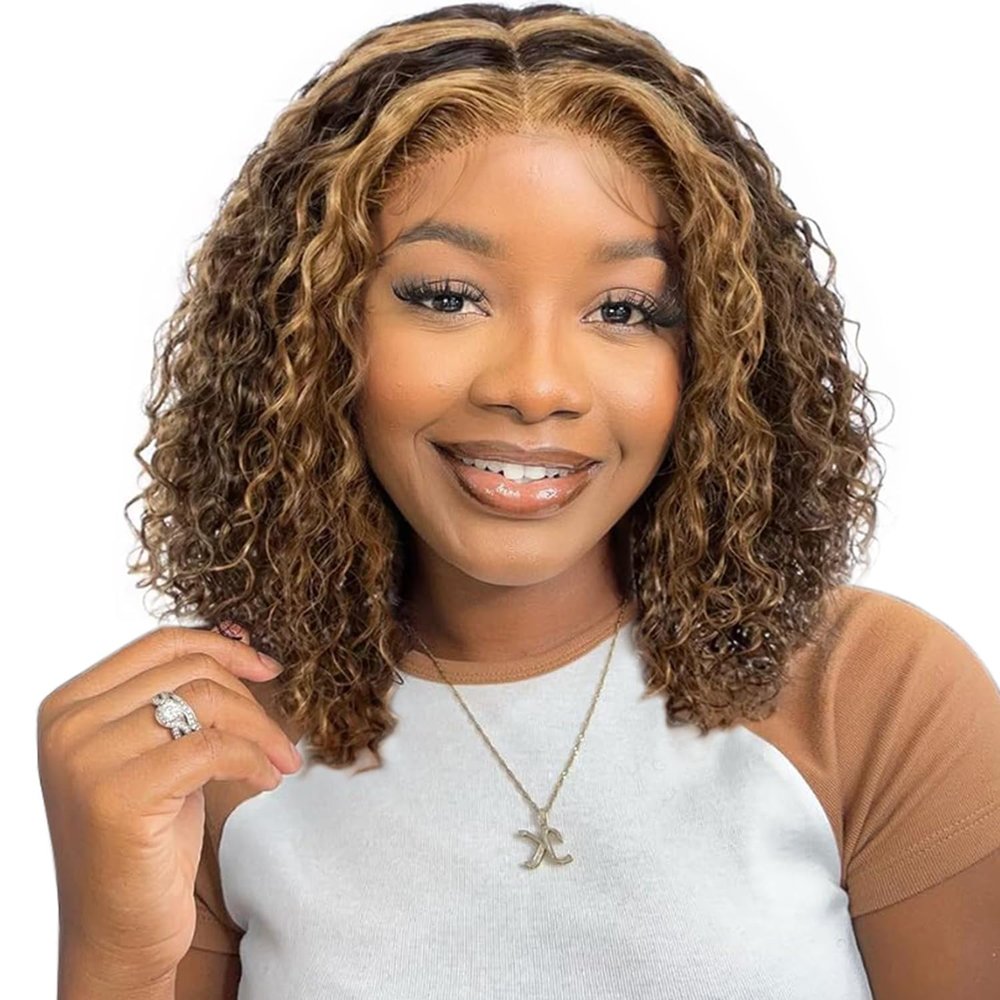 12 Inch Ombre 4/27 Highlight Wear And Go Glueless Wigs Human Hair Pre Plucked Pre Cut 44 Hd Closure Honey Blonde Wig Human Hair Curly Bob Wig Water Wave Wet And Wavy Lace Front Wigs For Black Women