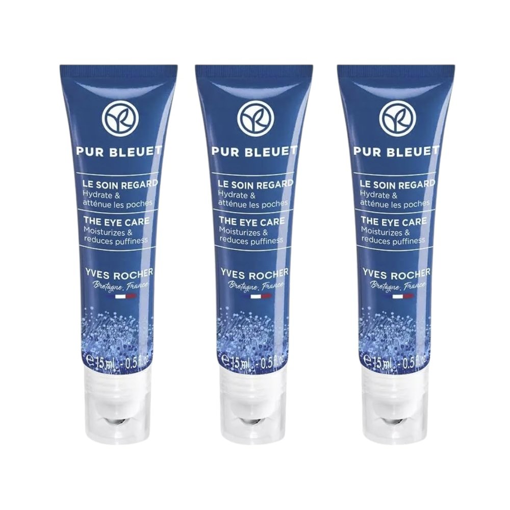 Yves Rocher Pur Bleuet Moisturizing and Toning Eye Contour Gel with Organic Cornflower Set of 3 Refreshing Gel for Eye Area 15 ml/0.5 fl.oz