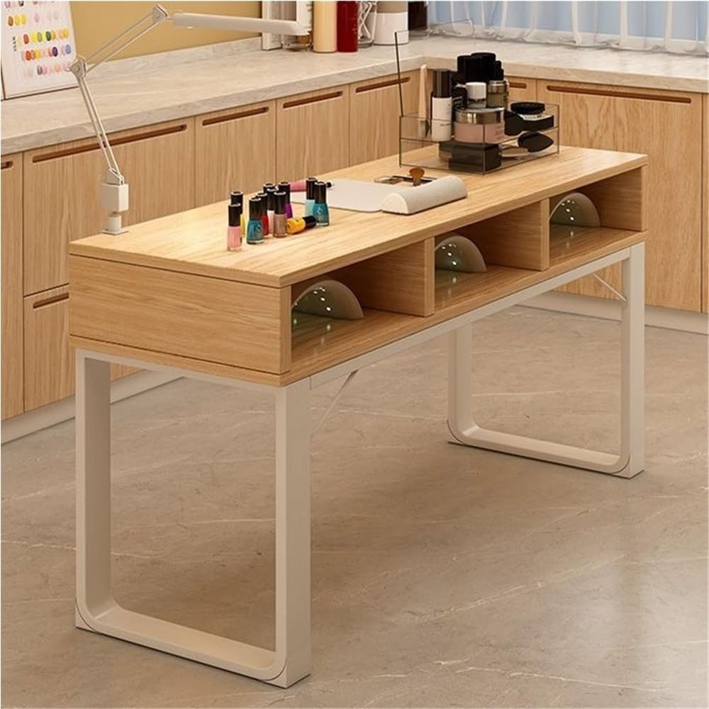 Nail Desk with Storage Drawers and Shelves for Nail Tech, Wooden Manicure Table with Metal Frame, Utility Nail Tech Workstation, Beauty Table for Beauty Salon, Studio, Spa, Home(Khaki,80cm/31.5'')