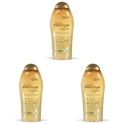 OGX Smoothing + Coconut Coffee Exfoliating Body Scrub with Arabica Coffee & Coconut Oil, Moisturizing Body Wash for Dry Skin, Paraben-Free with Sulfate-Free Surfactants, 19.5 Fl Oz (Pack of 3)