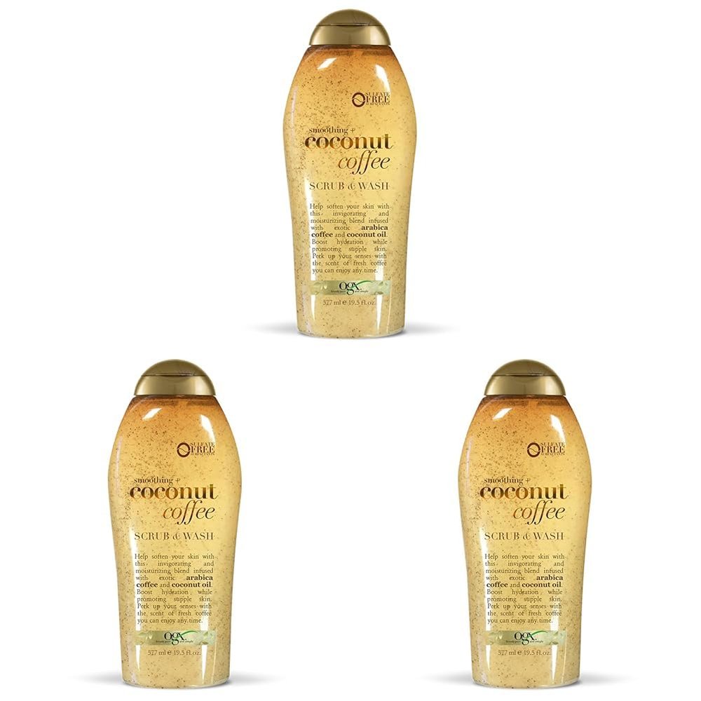 OGX Smoothing + Coconut Coffee Exfoliating Body Scrub with Arabica Coffee & Coconut Oil, Moisturizing Body Wash for Dry Skin, Paraben-Free with Sulfate-Free Surfactants, 19.5 Fl Oz (Pack of 3)