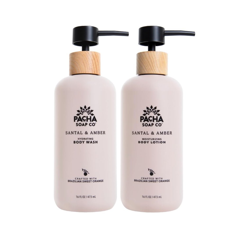 Pacha Soap Co. Body Wash & Lotion Set - Santal & Amber Scent, Hydrating & Moisturizing Formula with Clean Ingredients and Essential Oils, Paraben and Dye-Free, Made in USA, 2-Pack, 16 fl oz Each