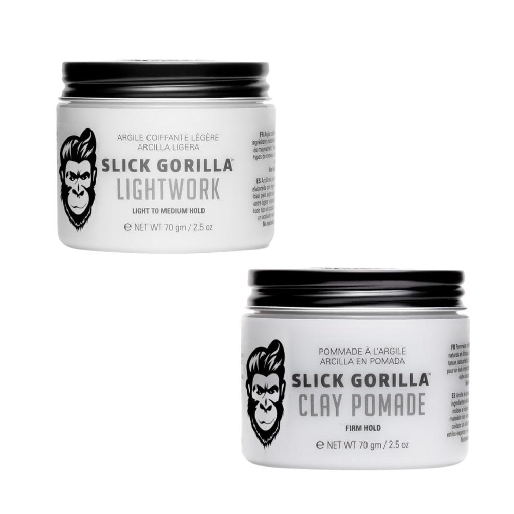 Slick Gorilla Styling Duo for Men  Lightwork Matte Clay & Firm Hold Pomade (2.5 oz Each), Natural Matte Finish, Flexible to Firm Hold, Lightweight, Non-Greasy, Easy to Wash