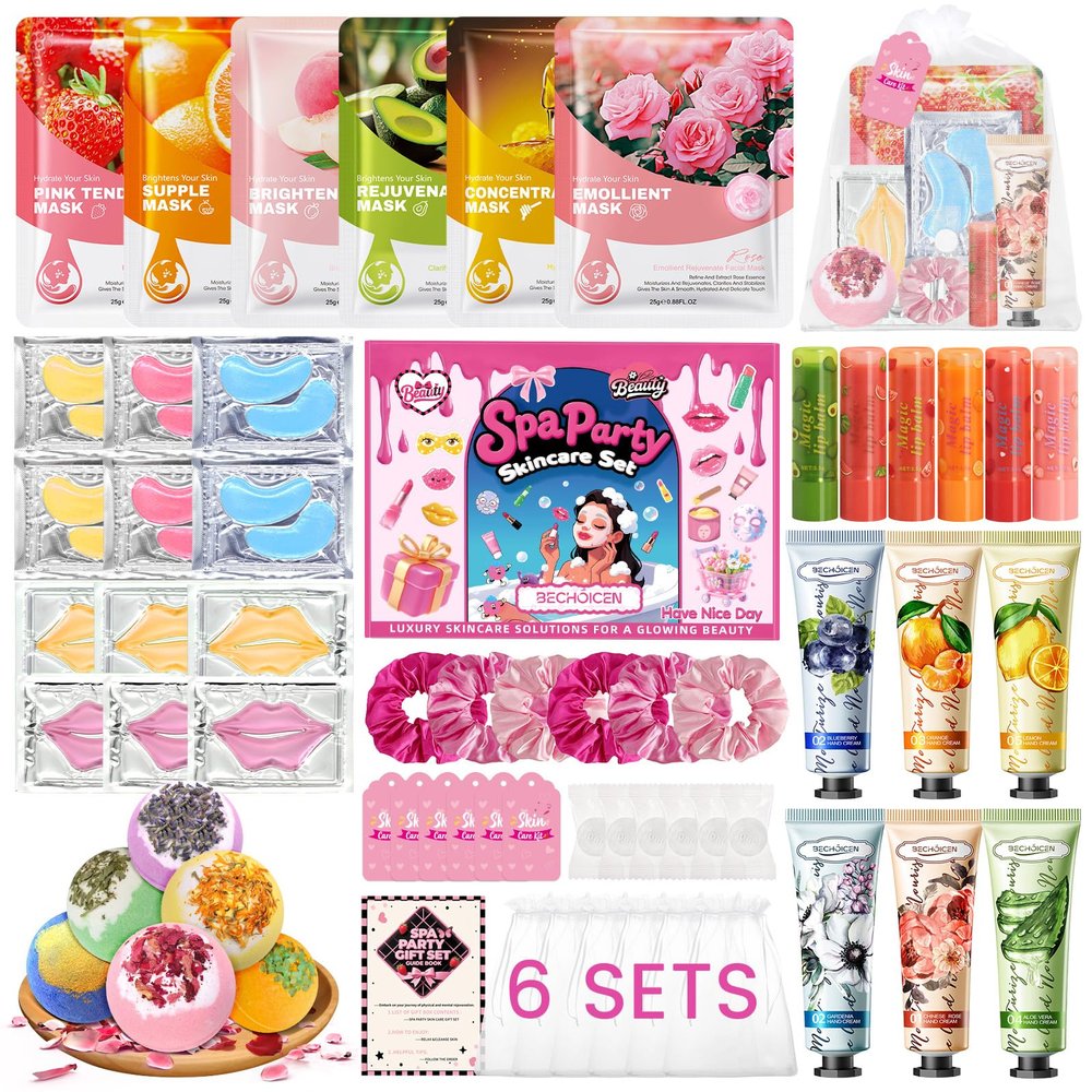 60Pcs Spa Party Supplies Set - 6 Spa Day Kits with Face/Lip/Eye/Hand/Foot Care,Party Favors for Sleepovers,Birthdays,Slumber Party & Relaxation,All Skin Types Safe