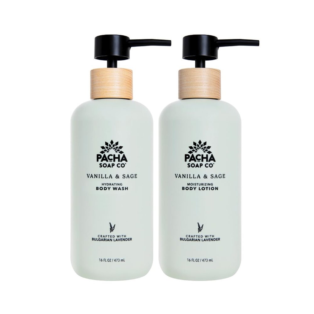 Pacha Soap Co. Body Wash & Lotion Set - Vanilla & Sage Scent, Hydrating & Moisturizing Formula with Clean Ingredients and Essential Oils, Paraben and Dye-Free, Made in USA, 2-Pack, 16 fl oz Each
