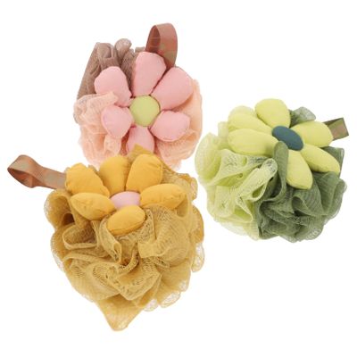 PLAFOPE 3pcs Shower Loofah Poufs Soft Exfoliating Bath Sponge for Women and Teens High Density PE Material Body Scrubber Mesh with Adorable Flower Design for Comfortable Bathing Experience