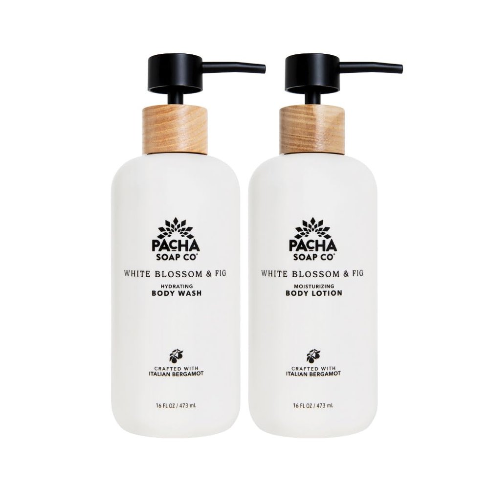 Pacha Soap Co. Body Wash & Lotion Set - White Blossom & Fig Scent, Hydrating & Moisturizing Formula with Clean Ingredients and Essential Oils, Paraben and Dye-Free, Made in USA, 2-Pack, 16 fl oz Each