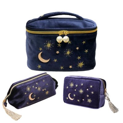 3-Piece Navy Velvet Cosmetic Bag Set with Embroidered Sun, Portable Travel Makeup Pouch for Toiletries Storage