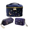 3-Piece Navy Velvet Cosmetic Bag Set with Embroidered Sun, Portable Travel Makeup Pouch for Toiletries Storage view 1
