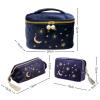 3-Piece Navy Velvet Cosmetic Bag Set with Embroidered Sun, Portable Travel Makeup Pouch for Toiletries Storage view 3