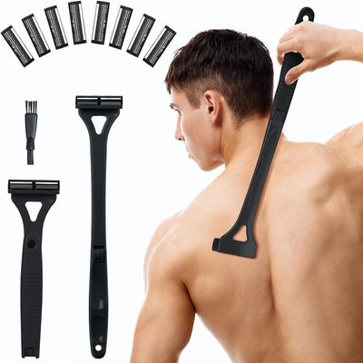 ETbyto Back Shavers for Men with Foldable Long Ergonomic Handle: DIY Hair Shaver, Replaceable Safety Blade & Portable Razor Groomer for Men, Wet & Dry Shaving - Black (8PCS Blades Included)