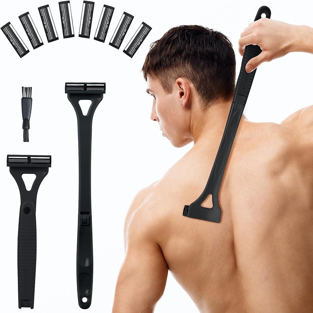 ETbyto Back Shavers for Men with Foldable Long Ergonomic Handle: DIY Hair Shaver, Replaceable Safety Blade & Portable Razor Groomer for Men, Wet & Dry Shaving - Black (8PCS Blades Included)