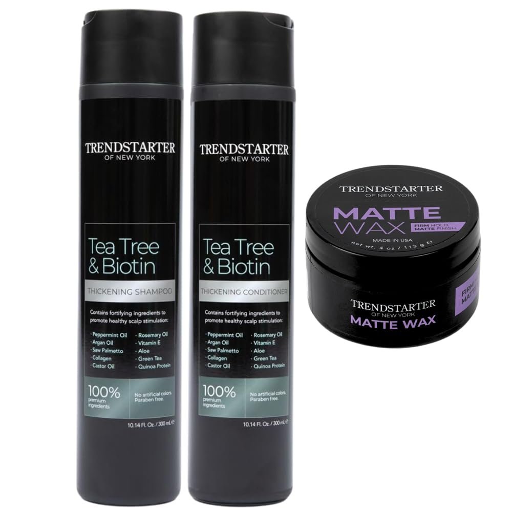 TRENDSTARTER Matte Wax + Tea Tree & Biotin Thickening Shampoo & Conditioner Set Styling & Hair Care Bundle for Stronger, Fuller Hair