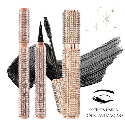 Black Mascara and Liquid Eyeliner Set, Waterproof 4D Silk Fiber Eye Makeup Duo - Long Lasting Lift & Curl for Lashes and High Pigmented Smudge-Proof Eye Liner