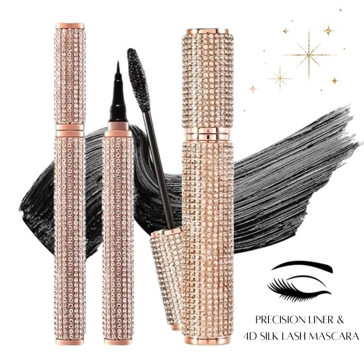 Black Mascara and Liquid Eyeliner Set, Waterproof 4D Silk Fiber Eye Makeup Duo - Long Lasting Lift & Curl for Lashes and High Pigmented Smudge-Proof Eye Liner