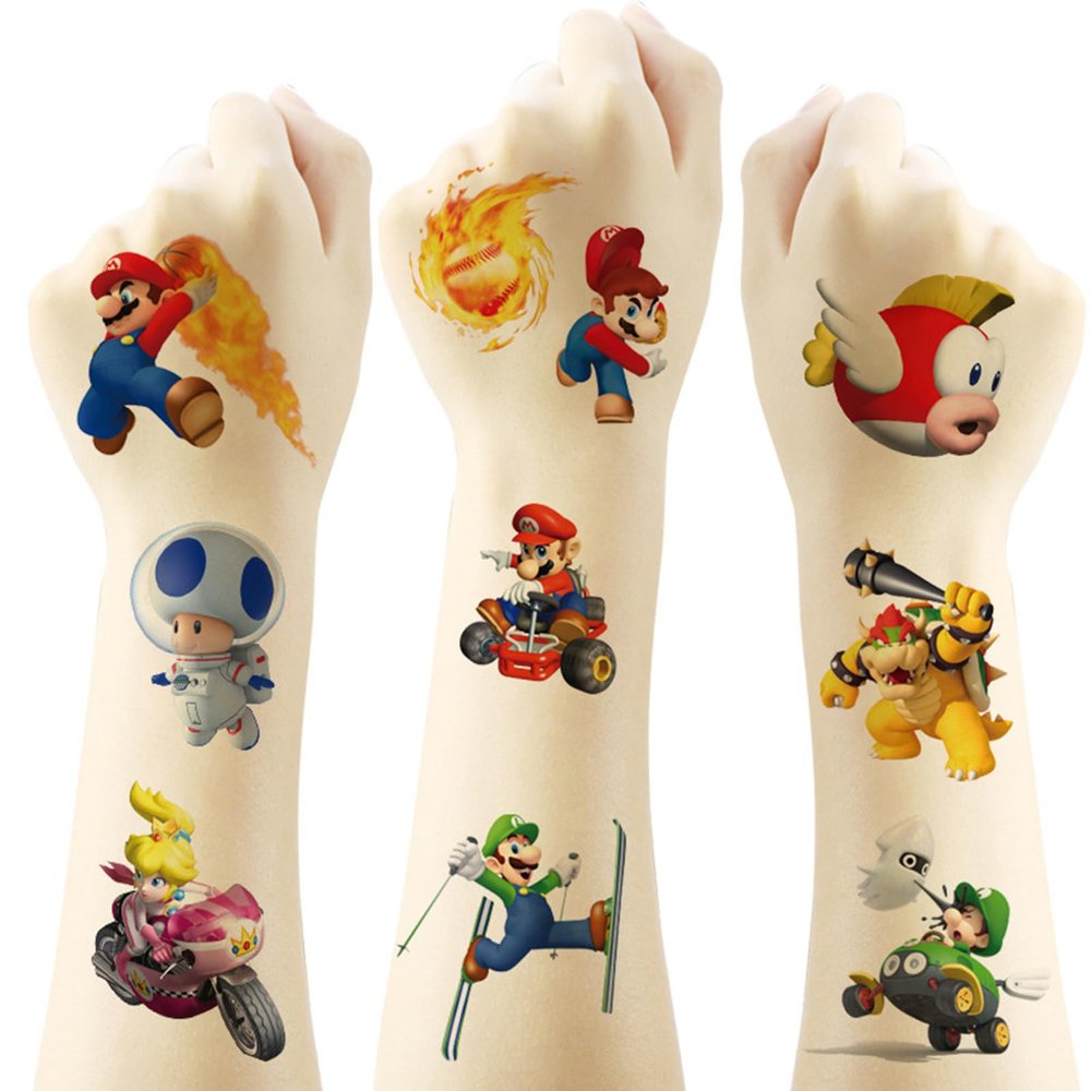 20Sheets Mario Temporary Tattoos Birthday Themed Party Supplies Decoration Favors Cartoon Cute Sticker for Home Activity Prizes Carnival Christmas Rewards (V)