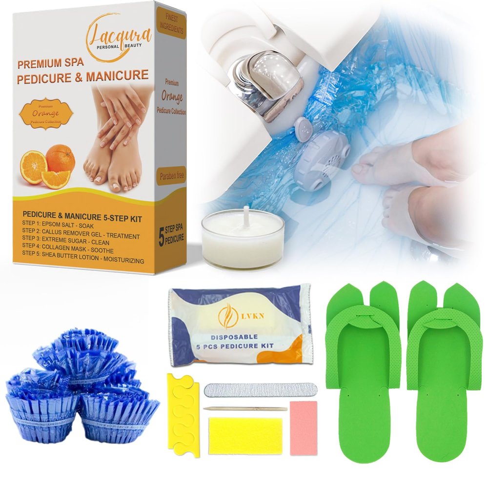 6-Step Foot Care System with Epsom Salt Soak, Callus Remover Gel, Sugar Scrub, Collagen Mask, Shea Butter Lotion, Massage Oil Candle + Disposable Pedicure Kit 5-1, Liner & Slippers. Orange 40 Sets