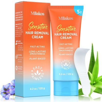Milakos Hair Removal Cream for Women  Painless Depilatory Cream for Legs, Arms, Underarms & Bikini Line  5 Minute Fast Acting Hair Remover with Aloe Vera & Argan Oil  Gentle on Sensitive Skin