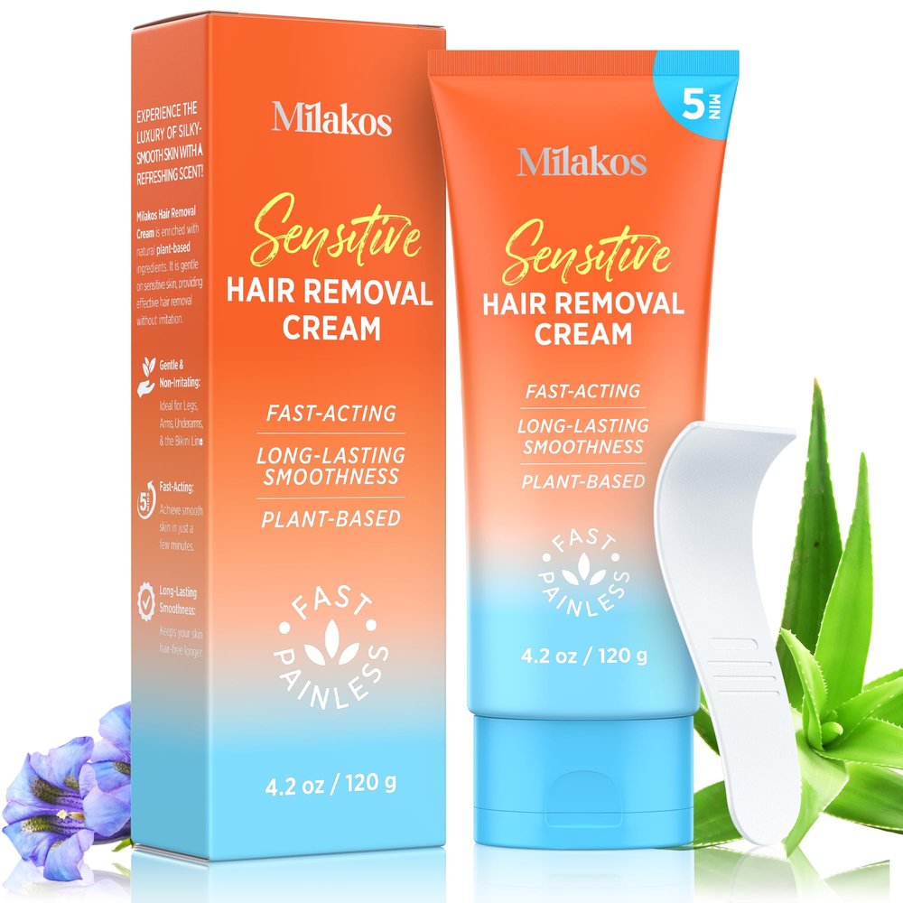 Milakos Hair Removal Cream for Women  Painless Depilatory Cream for Legs, Arms, Underarms & Bikini Line  5 Minute Fast Acting Hair Remover with Aloe Vera & Argan Oil  Gentle on Sensitive Skin