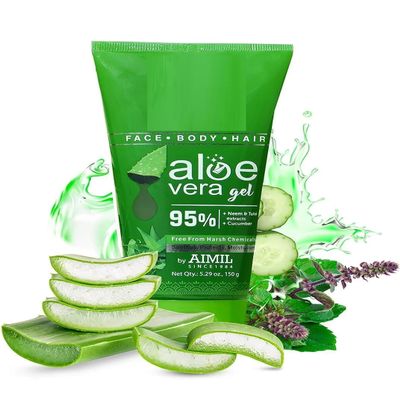 Aloe Vera Gel | Multi Purpose Gel For Face, Body & Hair | Non-Greasy Hydrating formula With Neem, Tulsi & Cucumber Essence | Calms Sunburn & Promotes Even Skin Tone, 150 gm