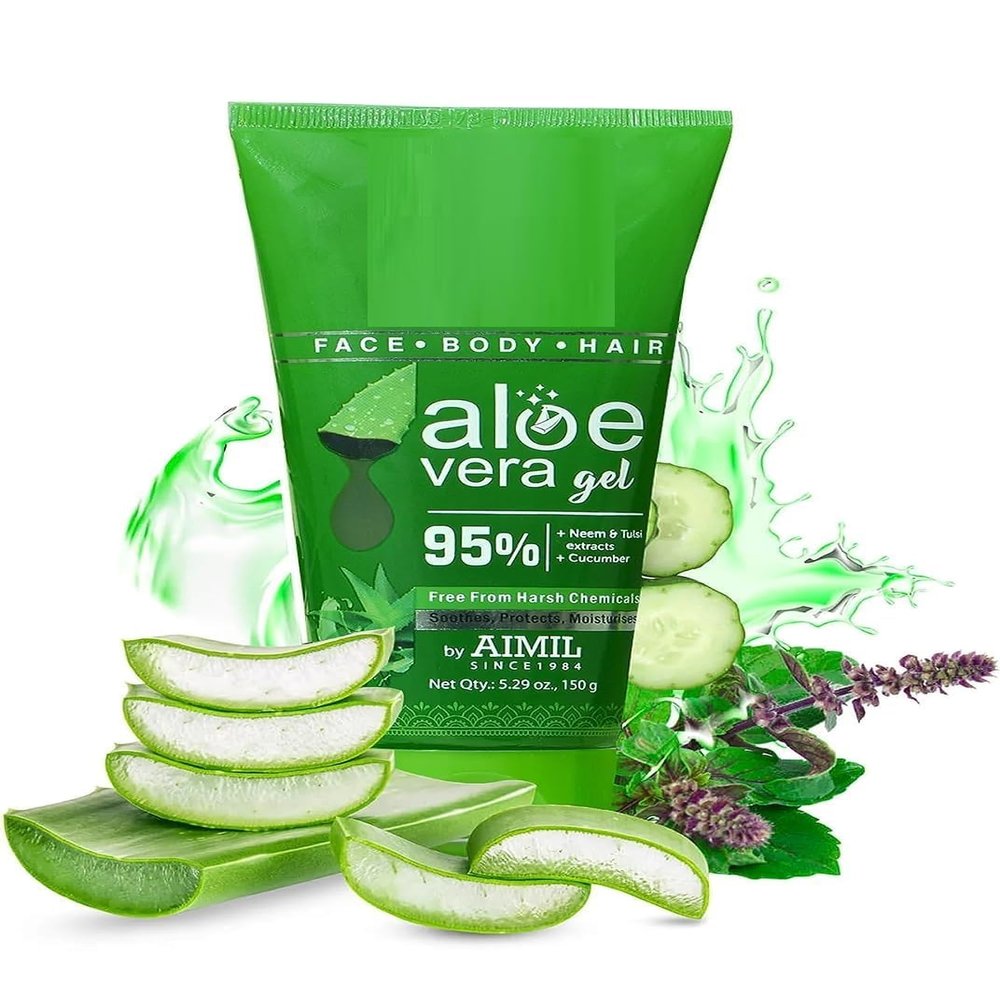 Aloe Vera Gel | Multi Purpose Gel For Face, Body & Hair | Non-Greasy Hydrating formula With Neem, Tulsi & Cucumber Essence | Calms Sunburn & Promotes Even Skin Tone, 150 gm