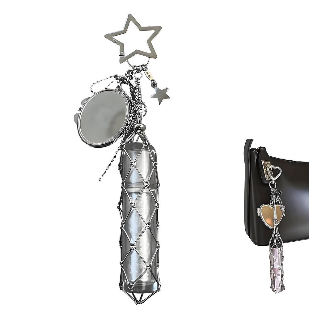 HDZKZSH Lipstick Holder Keychain with Mirror, Stainless Steel Lipgloss Holder Storage Bag, Compact Lipgloss Organizer Keychain, Travel Makeup Storage Case for Women(Star)