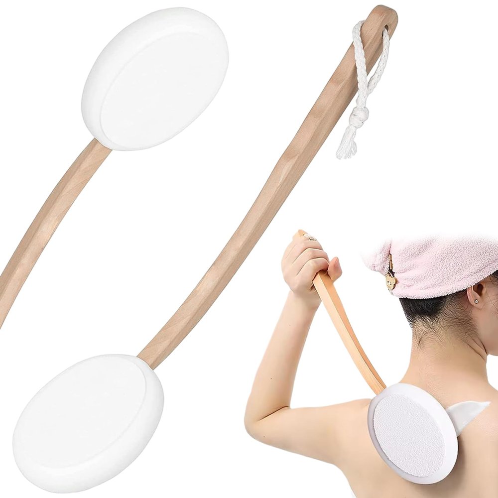 Back Lotion Applicator Wood Long Handled Back Scrubber for Shower Removable Replacement EVA Body Scrubber with Hanging Rope for Bathroom