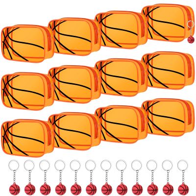 24 Pcs Basketball Cosmetic Bag Gifts with Basketball Keychain Basketball Makeup Bag Accessories for Makeup Bags Clear PVC Portable Makeup Bags Toiletry Zipper Pouch for Women Girls Team Player(12 Set)
